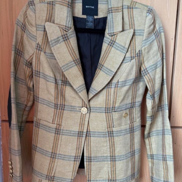 Chic Pre-Loved Smythe Tan & Navy Burlap Plaid Linen Duchess Blazer - Women's 2 - Picture 3 of 12